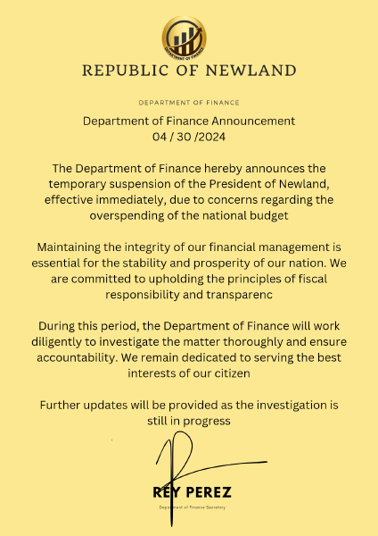 President Francis Dela Cruz is temporarily suspended of duty due to overspending of national budget
